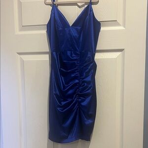 Honey and Rosie Royal Blue Satin Ruched V-Neck Mini Dress